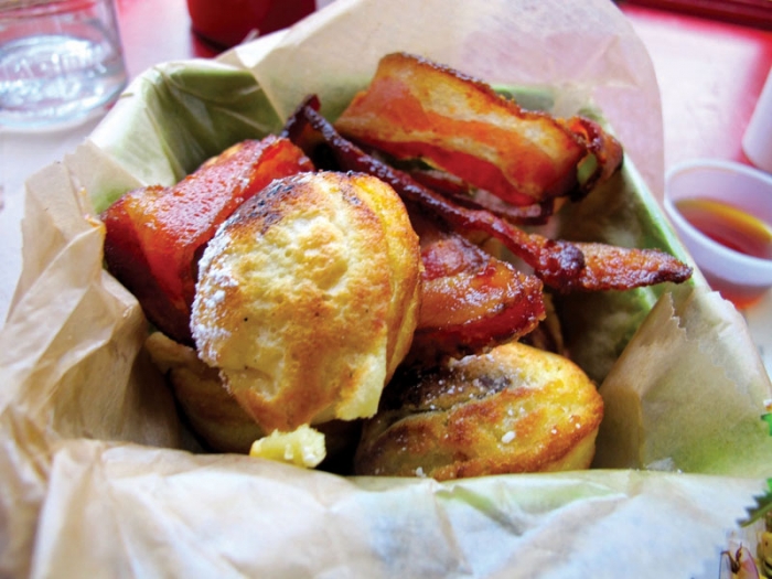 Just above, pancake balls with spicy bacon is one of many unusual items on the menu at Katalina’s Cafe Corner in Victorian Village. (Pamela O’Meara/Review)