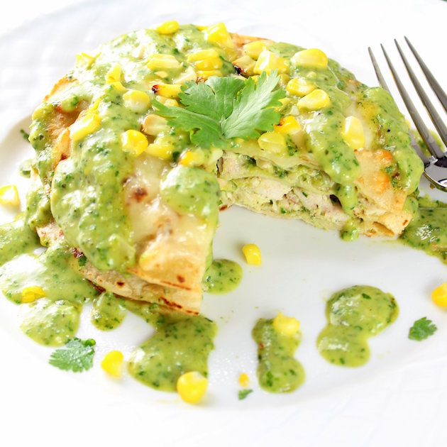 Stacked Chicken Enchiladas with Cheesy Poblano Sauce